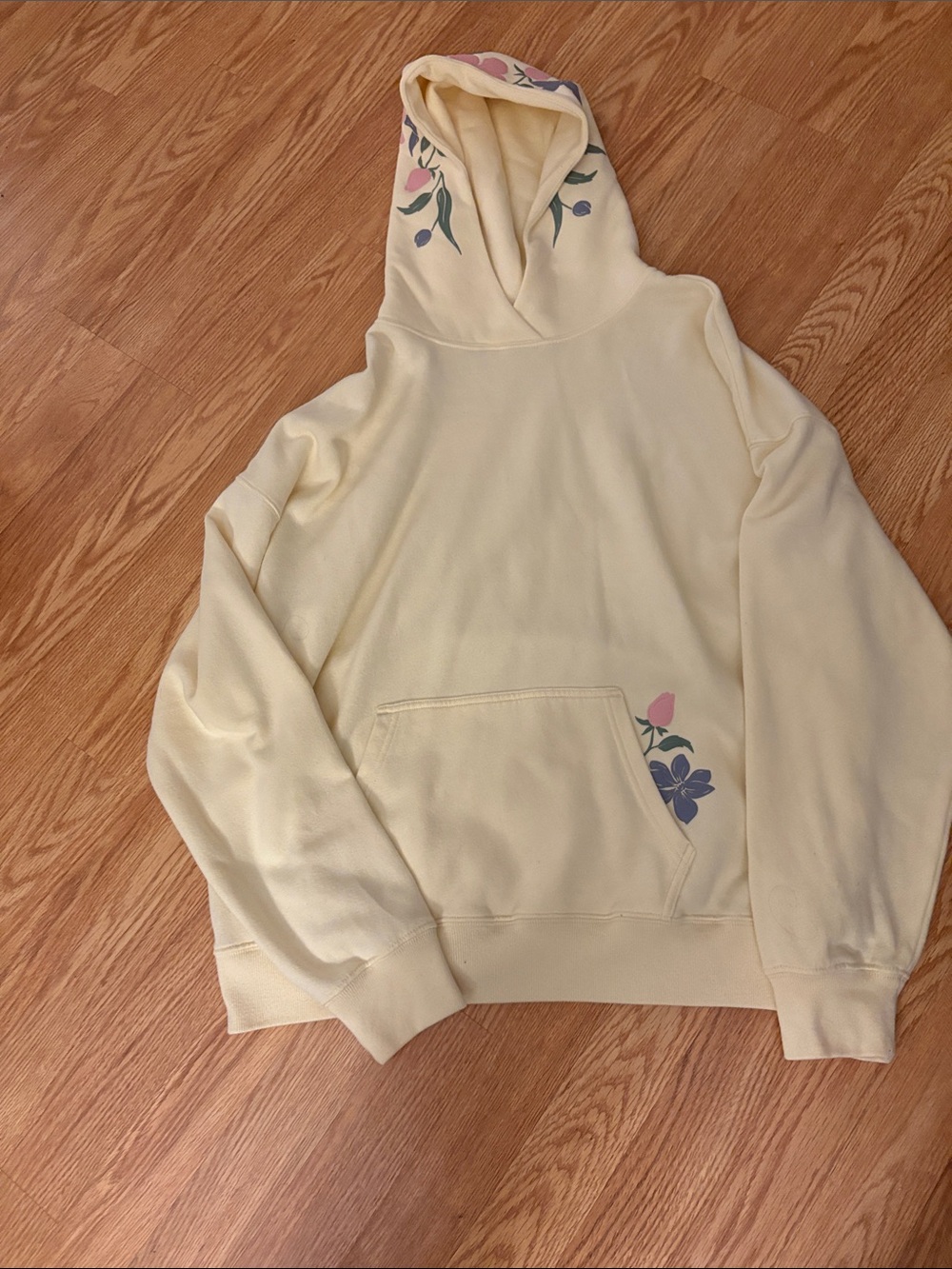 Hollister Cream Hoodie with Pink & Blue Floral Accents